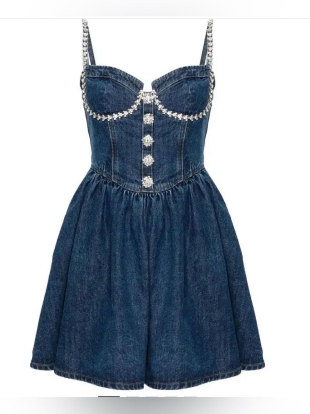 Self-Portrait Diamante Denim Flared Mini Dress Blue US 6